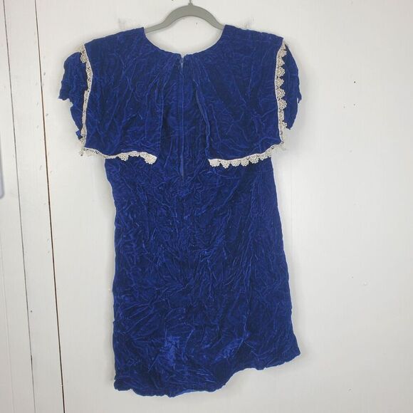 Gunne Sax Dress Velvet Vintage 80s Holiday Lace Trim Blue Draped Collar Girls 11 - Picture 2 of 11
